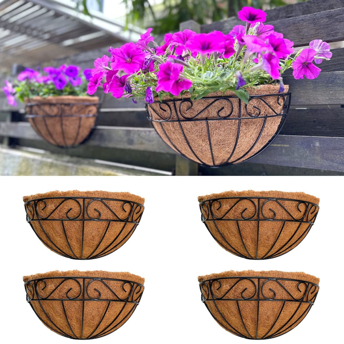 LaLaGreen Outdoor Wall Planters, 4 Pack, 14 Inch Large Balcony Planter Railings Hanging, Rail Flower Basket with Coco Liner English Horse Trough Black Metal Wire Succulent Pot Holder Deck Porch Garden