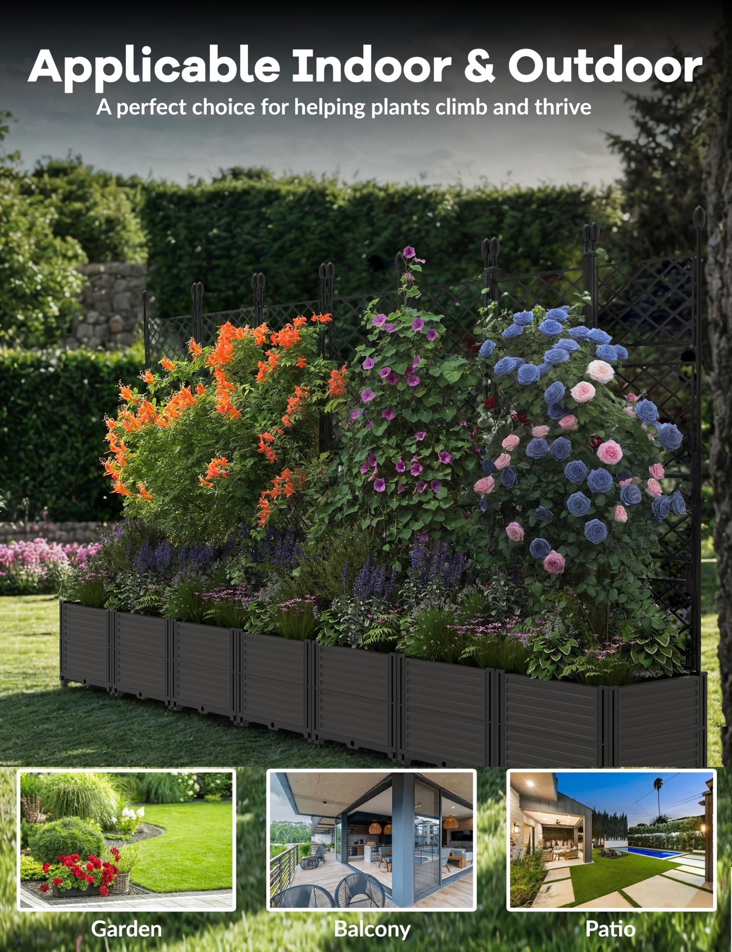 7 PCS Plastic Planter Box with Trellis - 5.25 FT Tall Raised Garden Bed, Lockable Wheels & Drainage for Patio, Balcony Tomatoes, Flowers, Herbs Weather-Resistant Resin Outdoor Decor