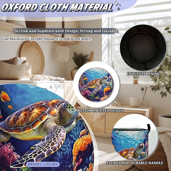 Funny Turtles Laundry Basket Oxford Cloth Ocean Animal Sea Turtle Laundry Hamper
