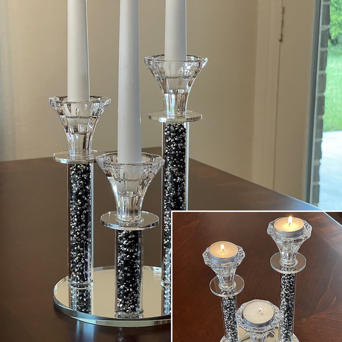 Allgala 9 Inch Tall 3-Pillar Filled with Diamond Like Stone Filled Crystal Candlesticks with Mirror Base-Silver-HD89124