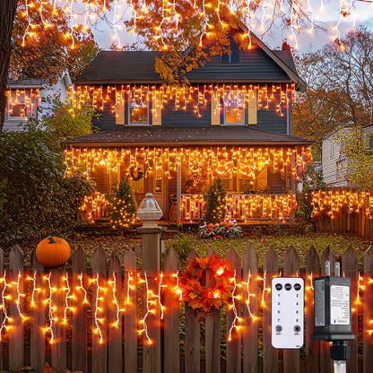 JMEXSUSS Orange Thanksgiving Lights Outdoor, 38.8 FT 400 LED Orange Icicle Lights Outdoor Waterproof, 8 Modes String Light Plug in for Fireplace Tree Garden Patio Thanksgiving Fall Halloween Decor