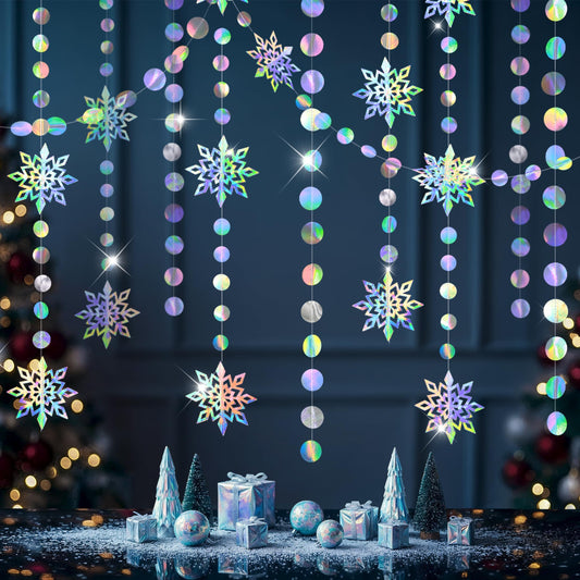 Cheerland Iridescent Snowflake Garland Winter Wonderland Hanging Decorations Holographic Snowflakes Ceiling Streamer for Christmas Onederland Frozen Birthday Decor Wedding Xmas Party Supplies