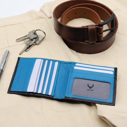 PELLE TORO Handmade Super Slim Men's Wallet, Handmade with Napa Leather, RFID Blocking Wallet, 9 Card Slots & ID Window (Charcoal Black & Aqua Blue)