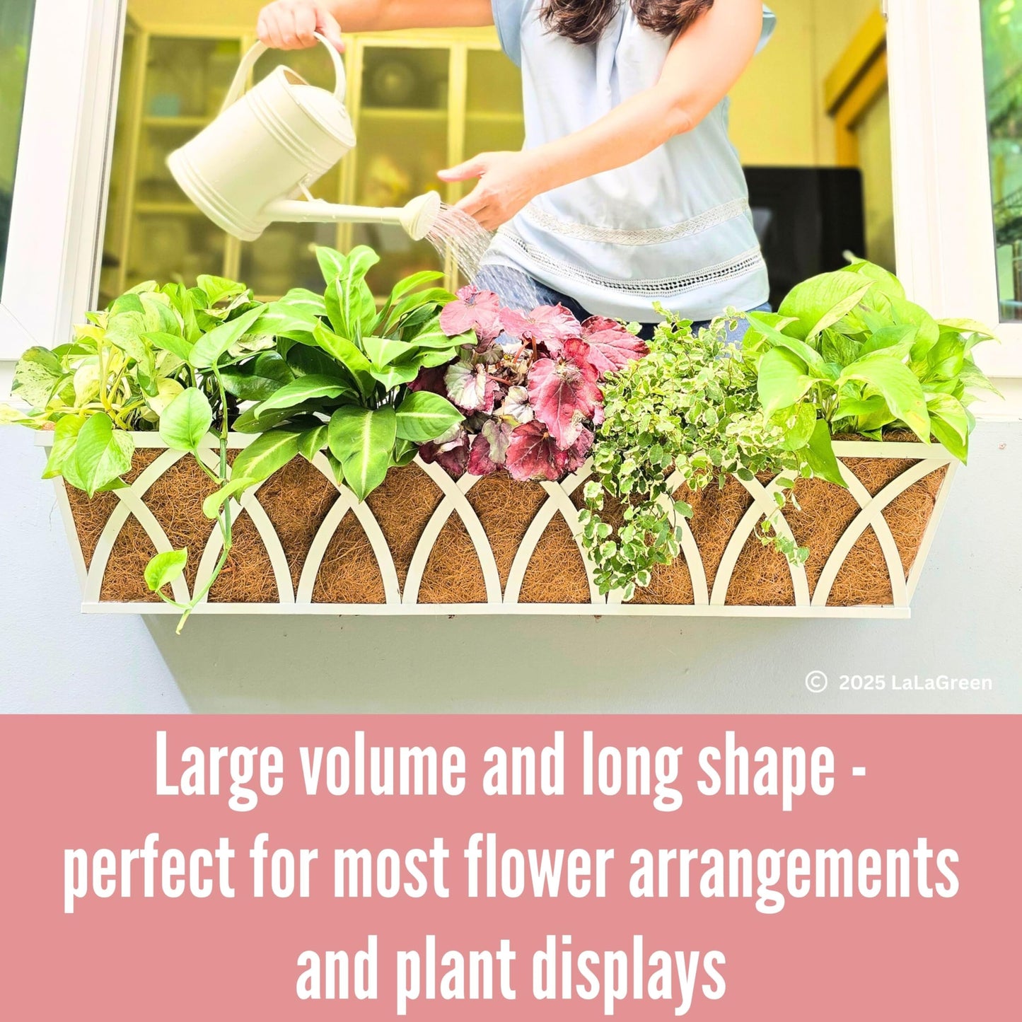 LaLaGreen Wall Planter Outdoor (48 inch, 2 Pack) White Metal Rectangular Hanging Flower Box Planters with Coco Liner Window Boxes Basket Plant Holder Horse Trough Deck Rail Railing Patio Porch Balcony