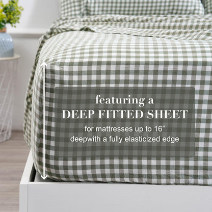 100% Cotton Full Sheet Set - 4 Piece Cotton Sheets Full Size Bed Set, Soft, Smooth, Durable, Easy Care, 16" Deep Pocket Checkered Green Sheets - 1 Flat, 1 Fitted, 2 Pillowcases