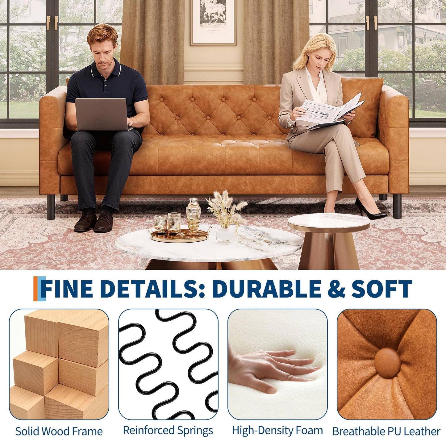 MilleLoom Mid Century Modern Leather Sofa 81 Inch, Chesterfield Style 3 Seat Couch with Deep 26" Seats, Button Tufted Upholstery, Includes 2 Pillows for Living Room, Apartment or Office, Orange