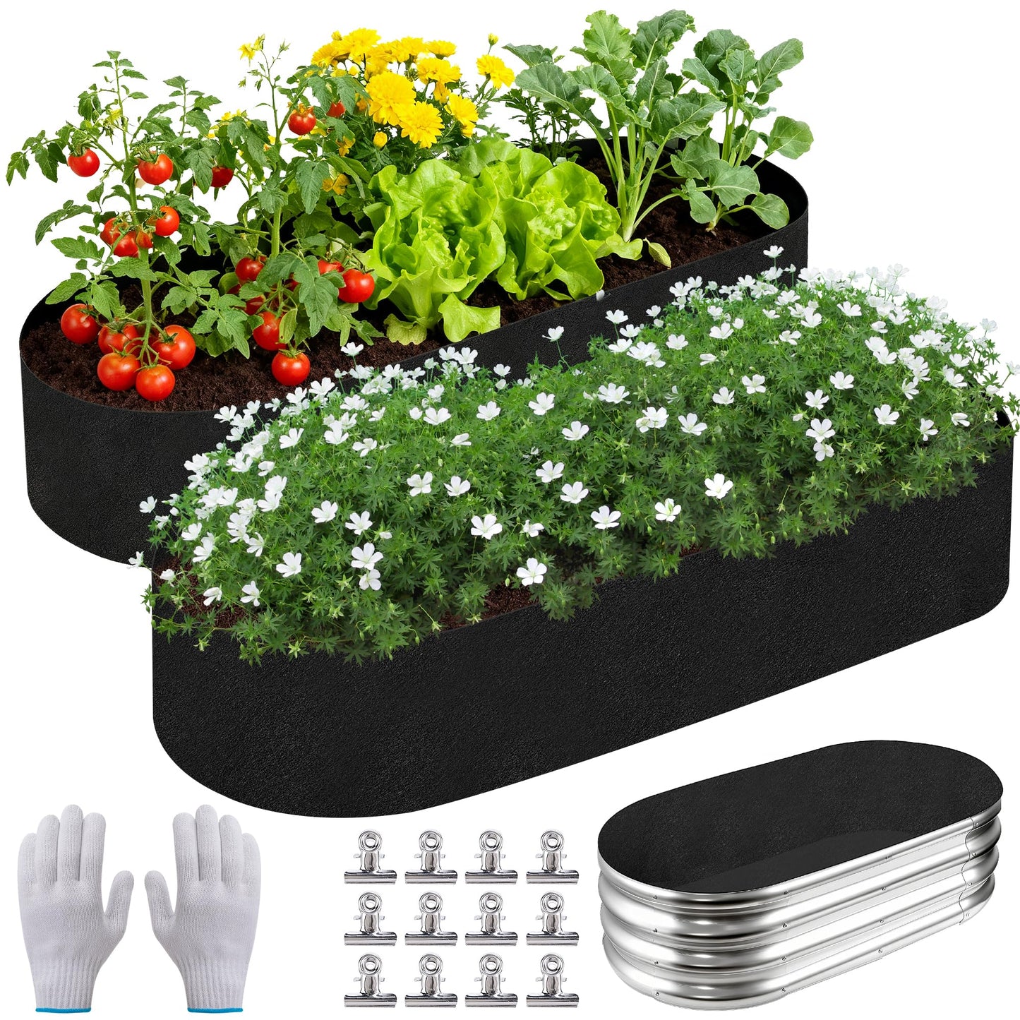 Mizelu 2 Sets 4 x 2 x 1 ft Raised Garden Bed Liner Bag, Breathable Grow Bed Fabric Liners with Clips and Gloves, Garden Box Non Woven Bag for Outdoor Plants Growth Keep Soil Isolation (No Garden Bed)
