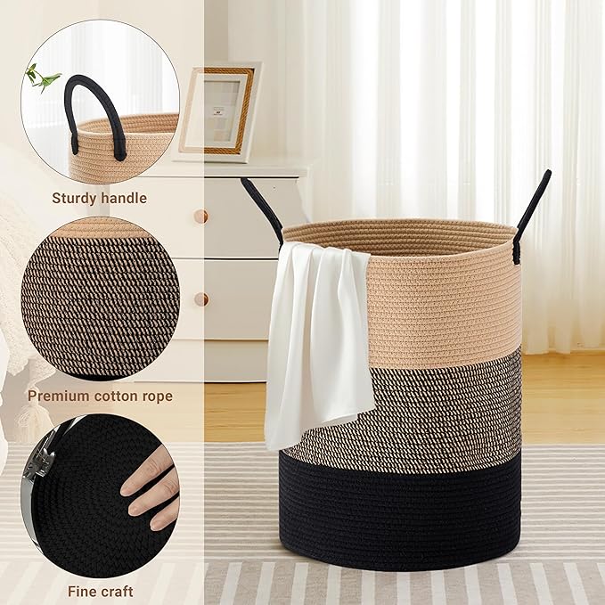 Tall Laundry Basket with Handles, 58L Portable Dirty Clothes Hamper, Boho