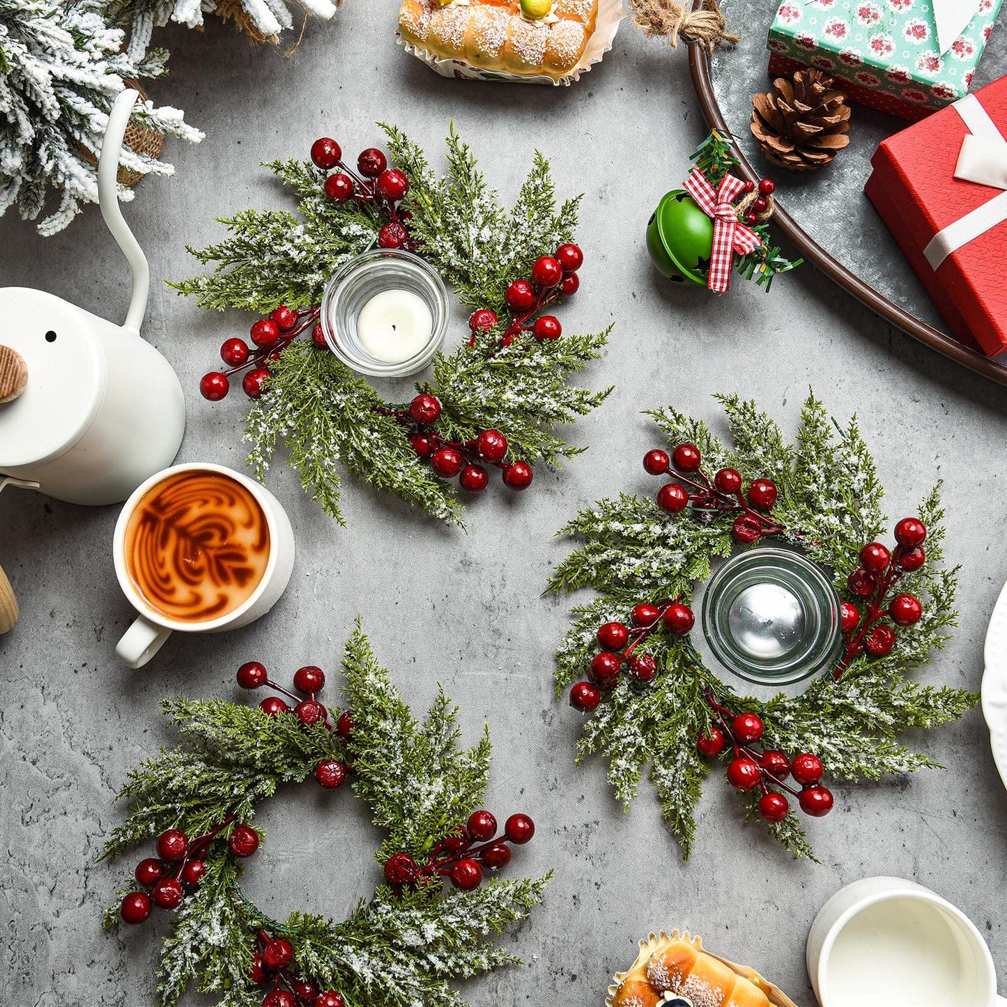 6 Pieces 8" Mini Christmas Wreaths - Small for Kitchen Cabinet/Window/Front Door, Artificial Red Berries & Pinecones, Christmas Candle Rings, Table/Farmhouse Decoration (No Ribbon)