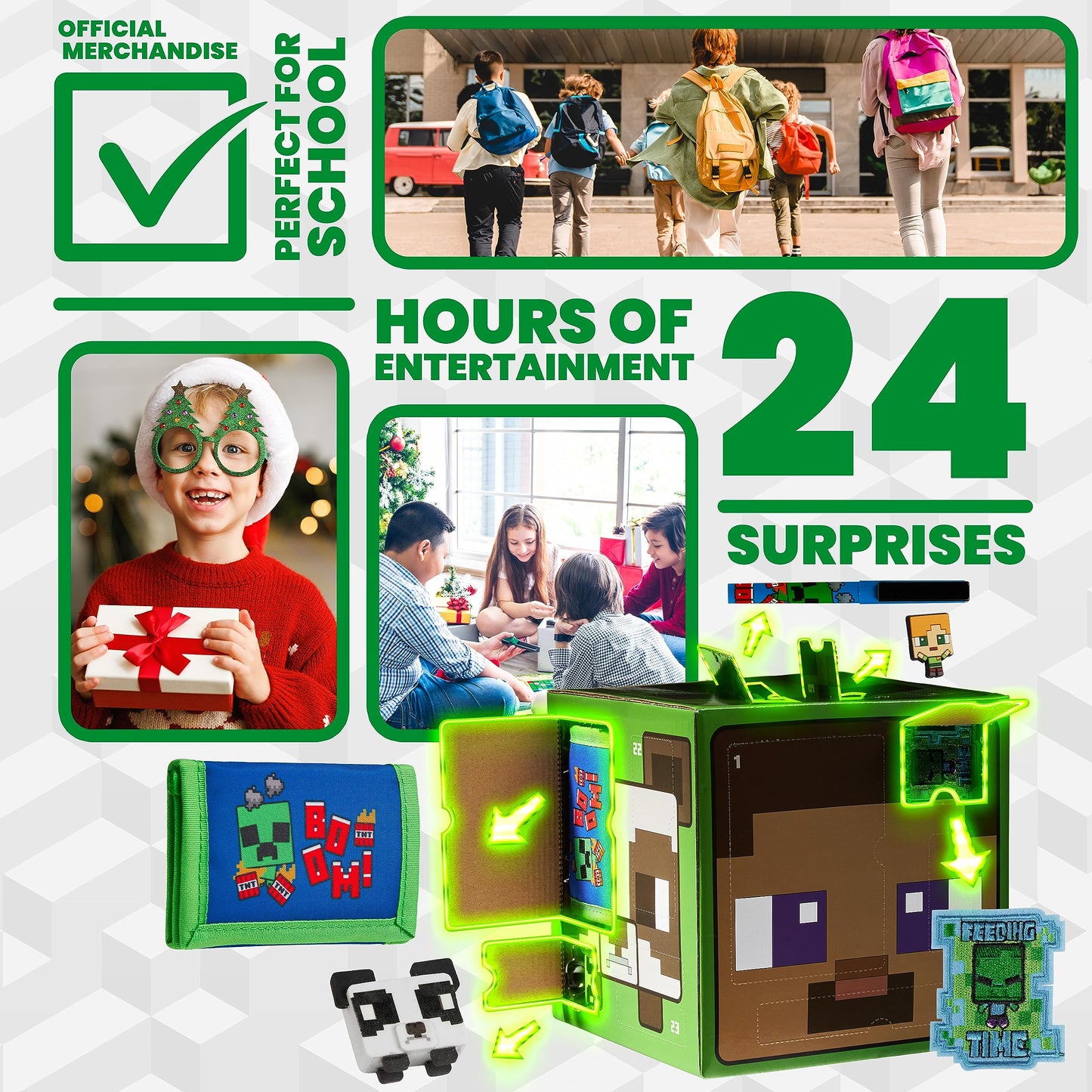 Minecraft Advent Calendar 2025 for Kids Teens, Creeper Stationery & Accessories Christmas Countdown Calendar, Pens Keyrings Gadgets, Gifts for Gamers (Green Cube)