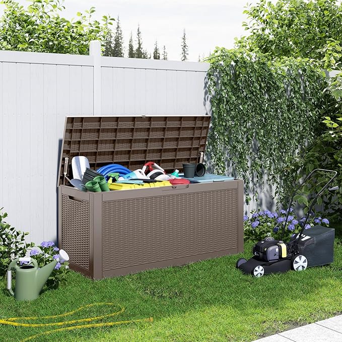 120 Gallon Resin Deck Box, Lockable Patio Outdoor Storage Box for Furniture, Garden Tools and Tools Storage, Waterproof Outside Storage Boxes - Grey