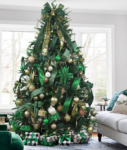 HUIHUANG Christmas Ribbon Wired Green Velvet Christmas Tree Ribbon Green and Gold Wired Ribbons for X-mas Tree, Wreath, Garland, Bows, Home Decor (2-1/2" X 6 Rolls, 36 Yds Total)