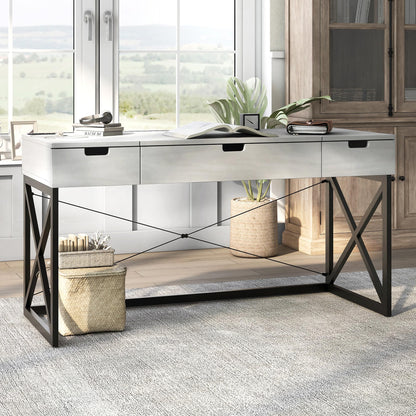 24/7 Shop at Home Ashiya Transitional 2 Drawers Metal Hidden Storage Desk with Lift-Top, USB Port, Power Outlet for Workstation, Home Office, Study Room, Antique White