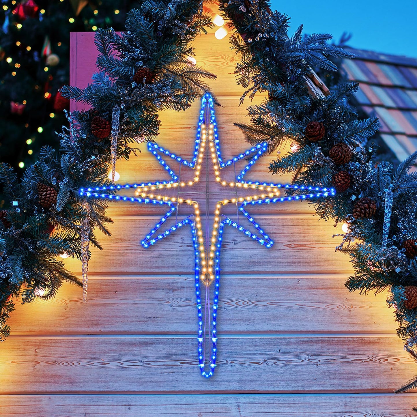 Wettal 43" Christmas Star of Bethlehem LED Star Hanging Lights Nativity Holy Family Light for Door Window Porch Wall Decoration Plug Operated Lighted Hanging Tree Topper(Warm Light)