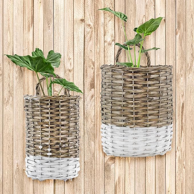 AuldHome Design Wall Hanging Baskets; Woven WIcker Rustic Farmhouse Two-Tone