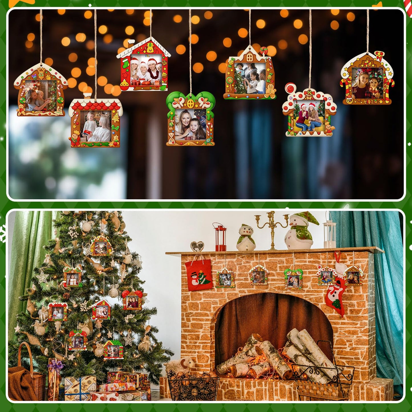 Thyle 12 Pcs Christmas Gingerbread House Picture Frame Ornaments Wooden DIY Craft Kits Xmas Tree Hanging Photo Frames Bulk for Christmas Party Winter Activities Home Decorations Gift