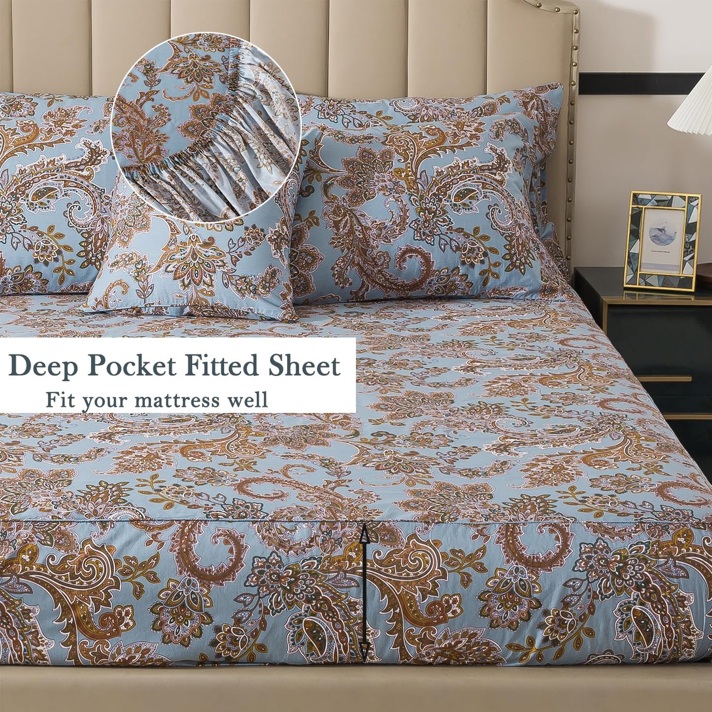 FADFAY King Sheet Set, Vintage Blue Paisley 4-Piece 100% Cotton Bed Sheets, Soft & Breathable Deep Pocket Fitted Sheet, Classic Elegant Style for All Seasons