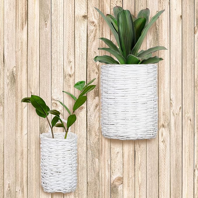 AuldHome Design Wall Hanging Baskets; Woven WIcker Rustic Farmhouse White