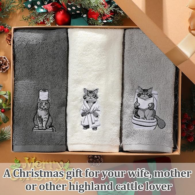 3 Pcs Cat Bathroom Hand Towels Set Cute Black Cat Embroidered Decorative Funny