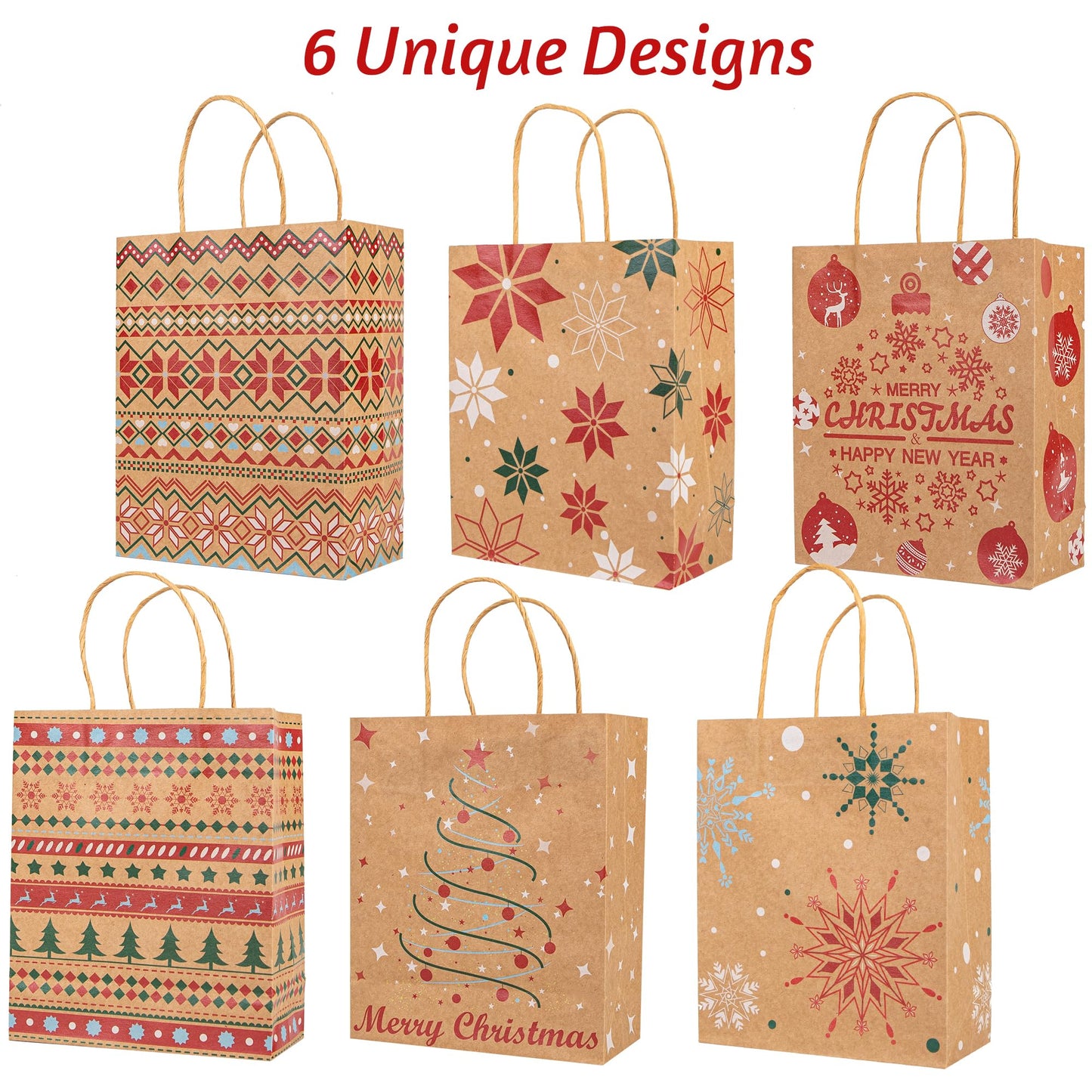 24 Christmas Kraft Gift Bags with 24 Tissue Papers, 7 x 8.6 x 3 Holiday Goody Bags with Handles, Xmas Treat Bags for Party Favors, Classroom Exchange, Present Wrapping