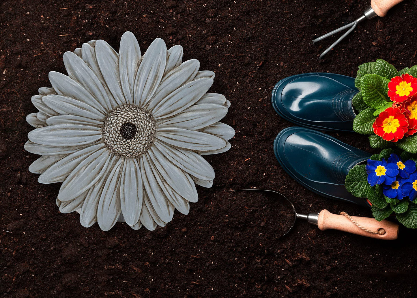 NAT & Jules Gerbera Daisy Flower Shaped Dimensional Indoor Outdoor 12 inch Cast Resin Decorative Garden Stepping Stone, Patio, Walkway Sculpture Yard Art, Stone Grey