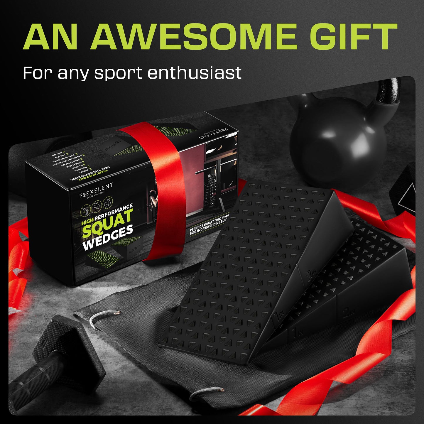 Squat Wedge Block Pair - Non Slip Squat Wedges & Ramp for Exercise, Home Gym, Weight Lifting & Yoga - Calf Stretcher Slant Board to Elevate Heels, Improve Ankle Mobility, Backpack Included for Storage