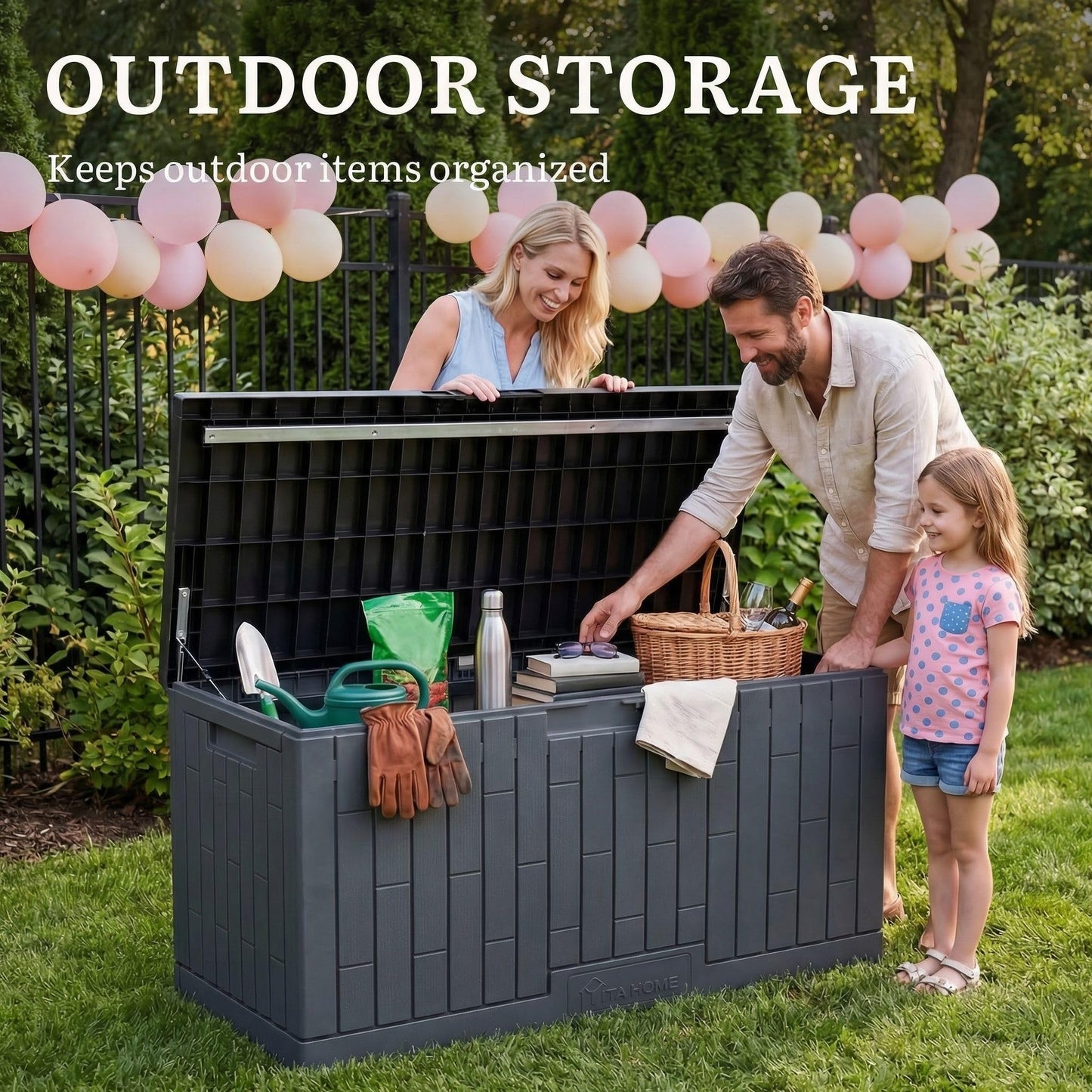 YITAHOME Large Deck Box 120 Gallon Resin Outdoor Storage Box with Slide-Locking Lid, Patio Storage Bin Bench Seat for Outdoor Pillows, Garden Tools and Pool Supplies, Waterproof Lockable, Dark Gray