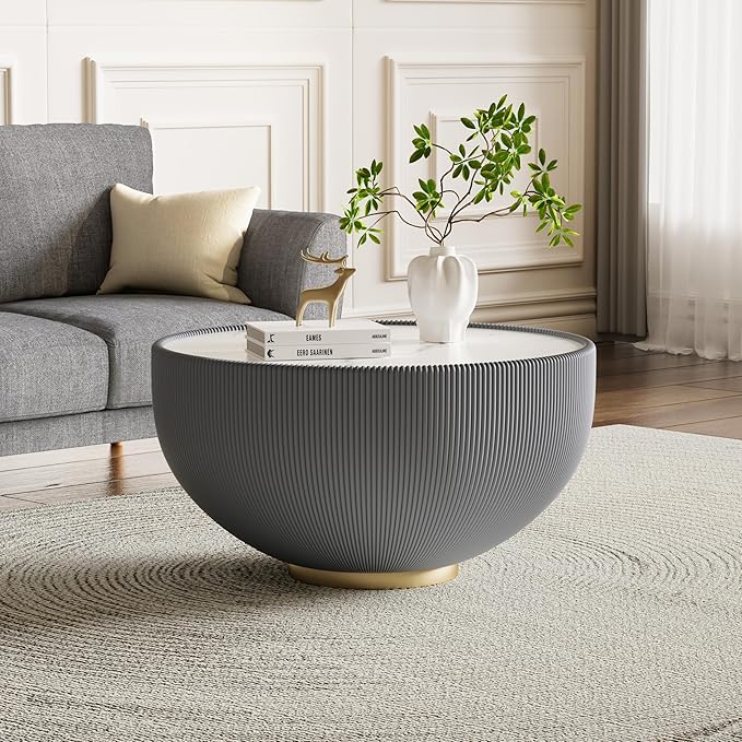 Round Marble Coffee Table 27.56" Bucket Shaped Fluted Coffee Table