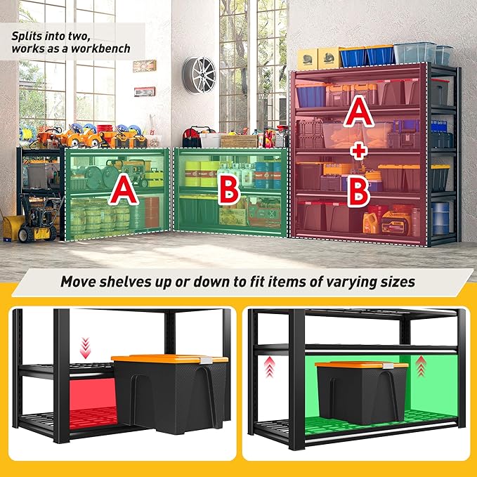 REIBII Garage Shelving 3200LBS, 5-Tier Storage Shelves, Adjustable Industrial Metal Shelving Unit for Garage, Basement, Pantry, Warehouse,Commercial, 36" W x 16" D x 72" H, 3 Pack