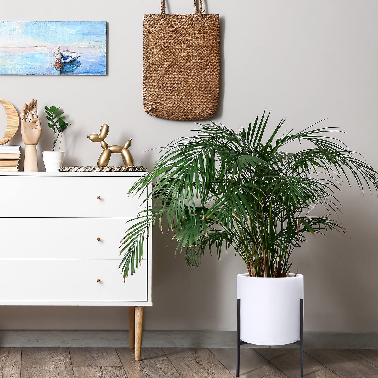 D'vine Dev Modern White Plants Pot Cylinder Planter with Heavy Duty Stand, Large 12 Inch Pot, 18.9 Inch with Stand Height, 96-T-A-3