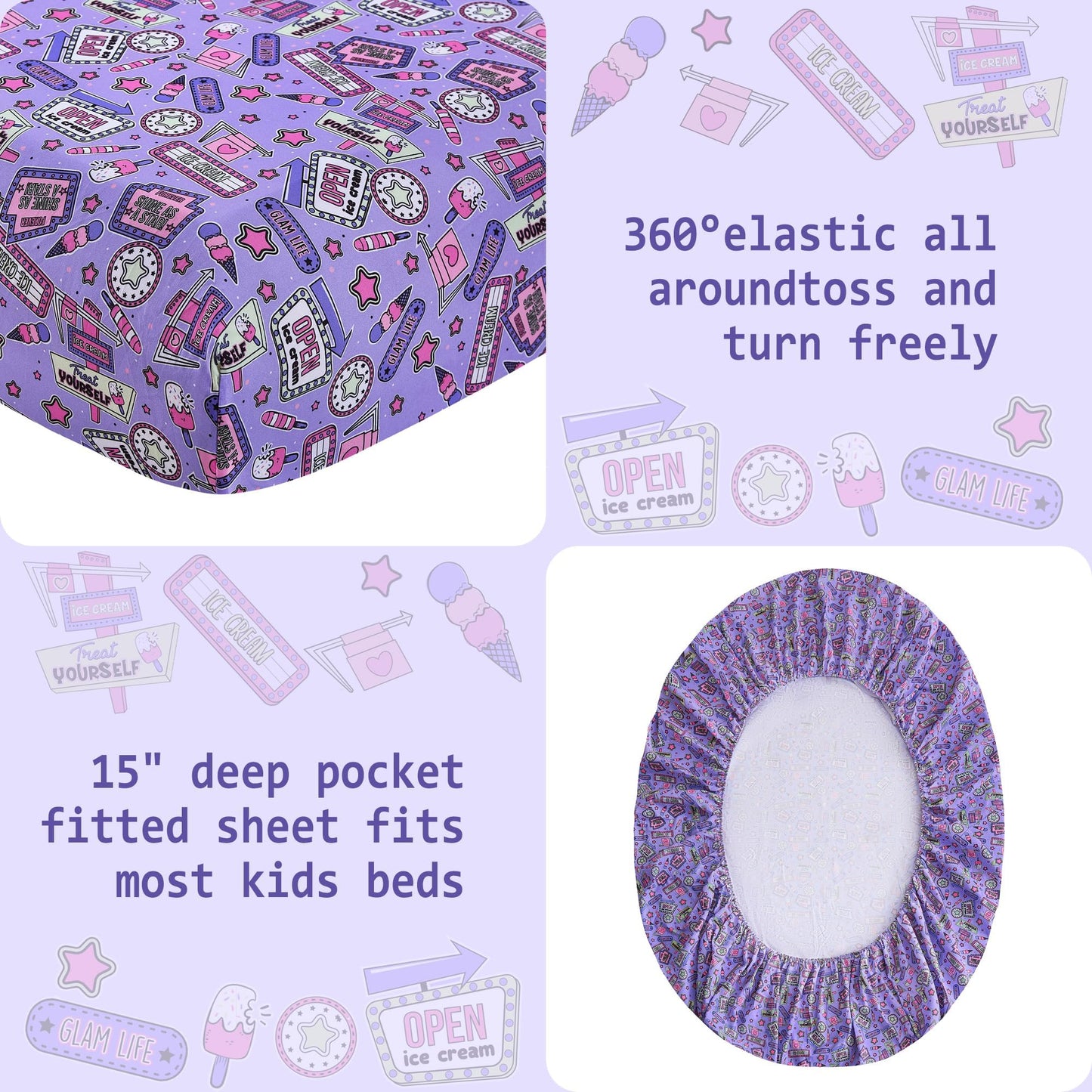 Softan Kids Bed Sheet Set, 4-Piece Full Size Sheets, Microfiber Fitted Sheet with 15 Inches Deep Pocket and Corner Straps, Breathable & Silky Soft Cool Girl Printed Sheet and Pillowcase Sets