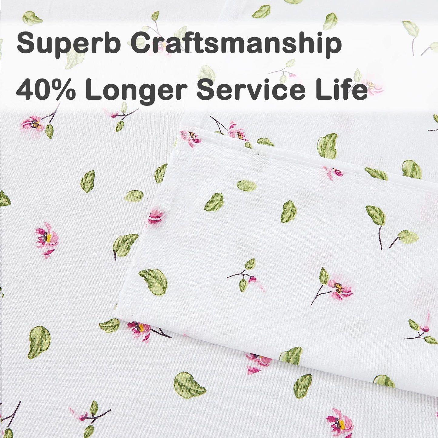 Mooreeke Full Sheets Set - 4 Pieces Soft Breathable Microfiber Bed Sheet Set - Pink Flower Green Leaf Pattern Sheet Set - Deep Pocket Non-Slip Floral Printed Fitted Sheet Included for All Season