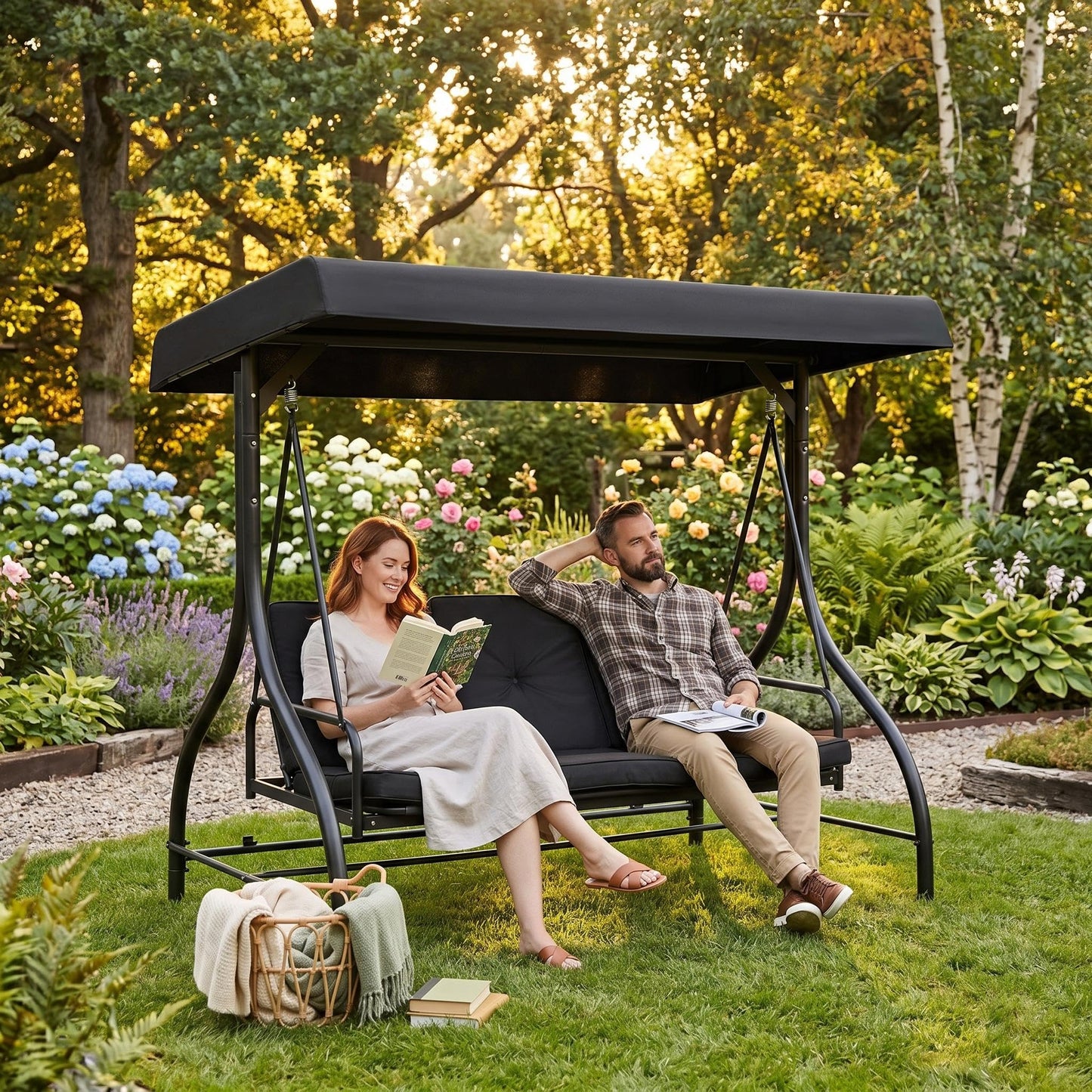 Garvee 3 Seater Outdoor Porch Swing with Stand for Adults, 2-in-1 Convertible Design Patio Swing, Thick Soft Cushion & Adjustable Removable Canopy, for Backyard Garden Patio Poolside - Black