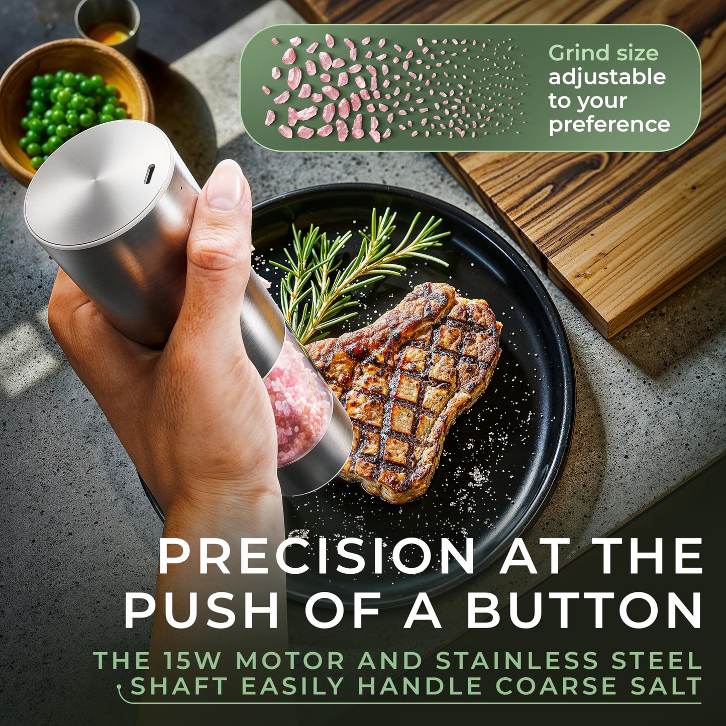WALDWERK Electric Salt and Pepper Grinder Set (300 mAh Rechargeable Battery) - Salt and Pepper Shakers with Elegant Acacia Wood Stand – Rechargeable Automatic Salt and Pepper Grinder Set