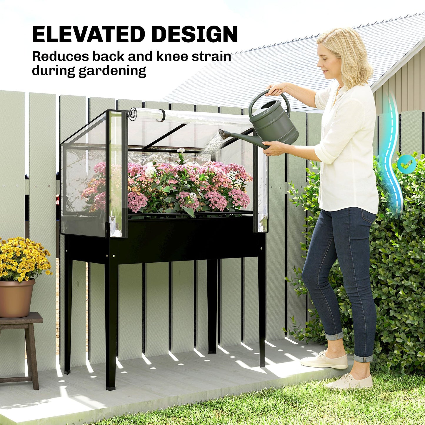 Outsunny Raised Garden Bed with Flip-Up Greenhouse Cover, Metal Elevated Garden Bed with Legs and Drainage Hole, Outdoor Raised Planter Box for Vegetables Herbs Flowers, 39.4" x 18.9" x 52.8", Black