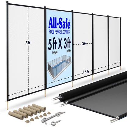 ALLSAFE Removable Mesh Pool Fence - Black 15 Foot by 5Foot Fence Panels – Pre-Assembled DIY Safety Fence with 1/2" Stainless Steel Peg Poles – 25% Longer, Easy Install, Fits Most Pool Fencing Layouts