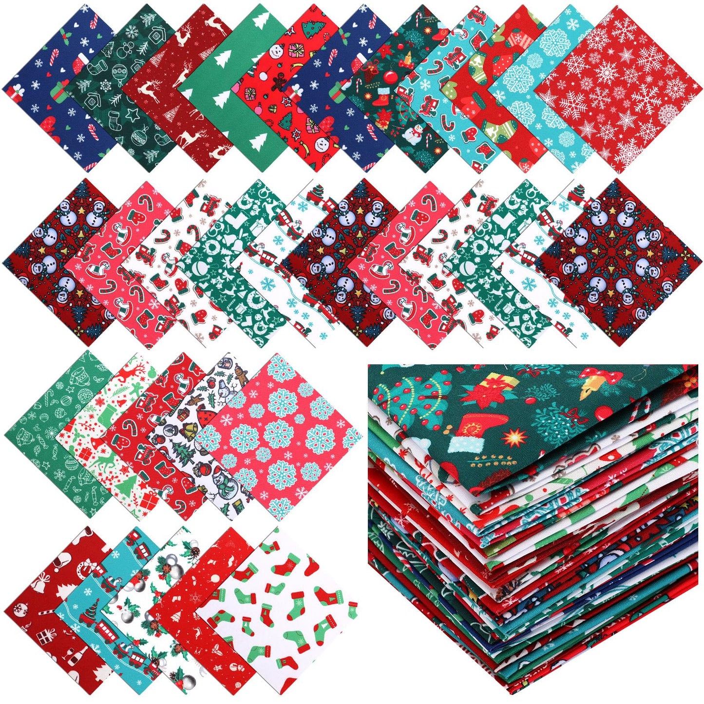 Preboun 300 Pcs 5 x 5 Inches Christmas Fabric Square Quilting Fabric Squares Bundle Sewing 25 Different Christmas Patterns Precut Polyester Patchwork for DIY Sewing Crafting Supplies
