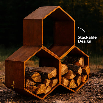 Sunnydaze Outdoor Firewood Rack - Rustic Fire Wood Holder - Sturdy Hexagon Log Holder - Steel Log Rack for Outdoor Firewood Storage