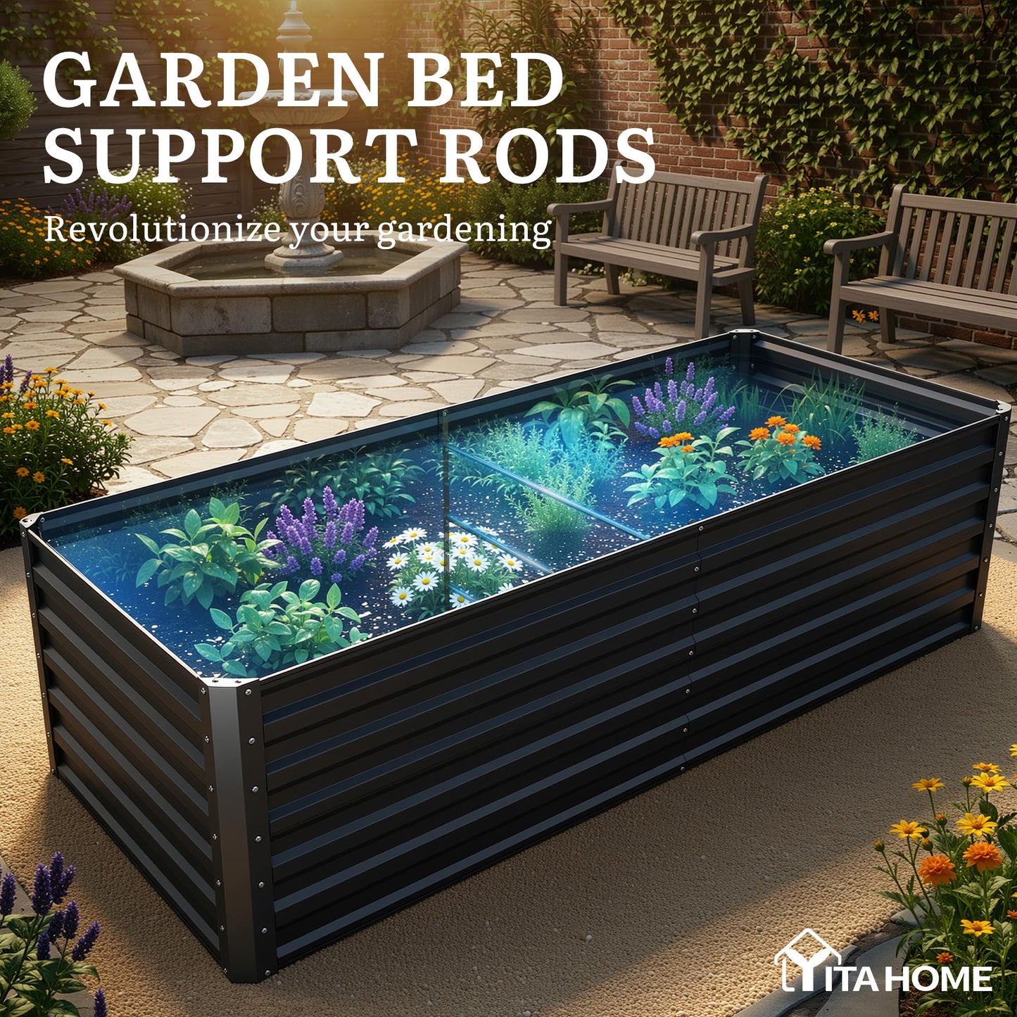 YITAHOME 6x3x2ft 2pcs Large Raised Garden Bed Kit, Galvanized Metal Planter Box with Gloves, Ground Nails, Support Rod, Outdoor Above Ground Planters for Plants Vegetables Flowers, Black