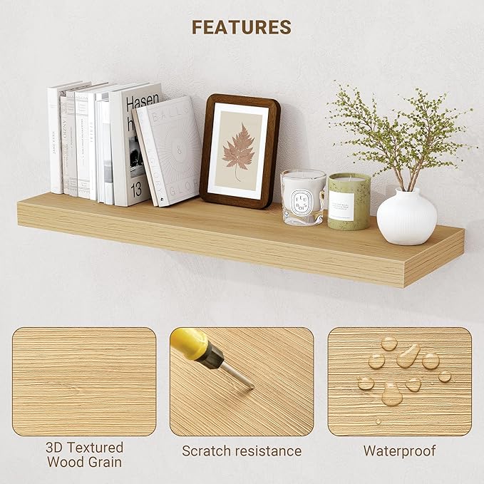Acovy 55 Inch Floating Shelves, 3D Textured Wood Grain, Wooden Shelves