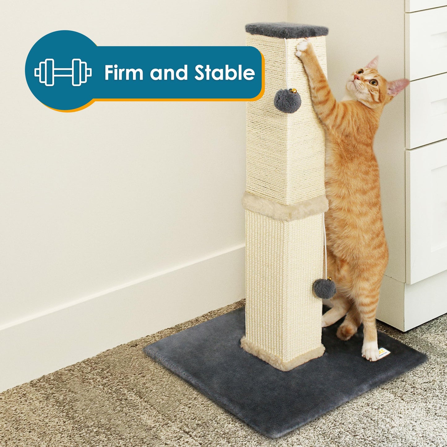 PAWBEE Cat Scratch Post Tower - 32” Tall Cat Scratching Post with Jingle Bells and Plush Balls - Sisal Cat Scratcher with Larger Base for Better Stability - Cat Scratching Posts for Indoor Cats