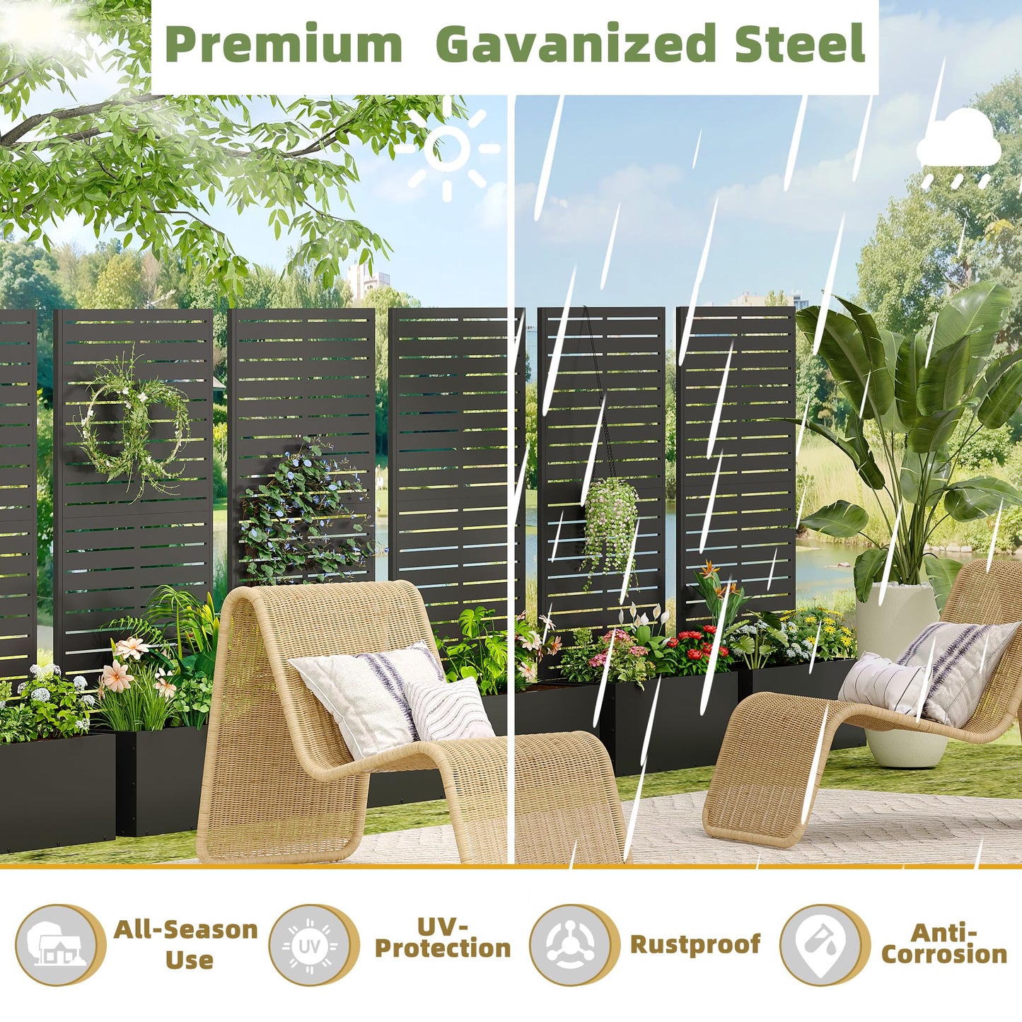 Casaphoria Metal Raised Garden Bed with Trellis, 59"x30"x12" Planter Box for Climbing Plants, Vegetables & Vines, Features Drainage Holes and Privacy Screen (Black-Louvered)
