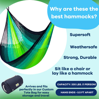 Handwoven Hanging Chair by Yellow Leaf Hammocks - Fits 1 Person, 330lb Max - Kick Back for Full-Body Recline - Weathersafe, Ultra Soft, Hang Anywhere - Color: Neon - Blue - Turquoise