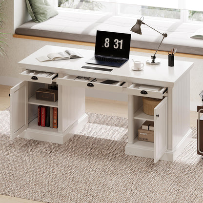 GDFStudio 67" Modern Executive Desk with Storage, White Computer Desk with 2 Doors Cabinet and 3 Drawers, Home Office Writing Desk with USB Ports and Power Outlets, Large Workstation for Study,Office