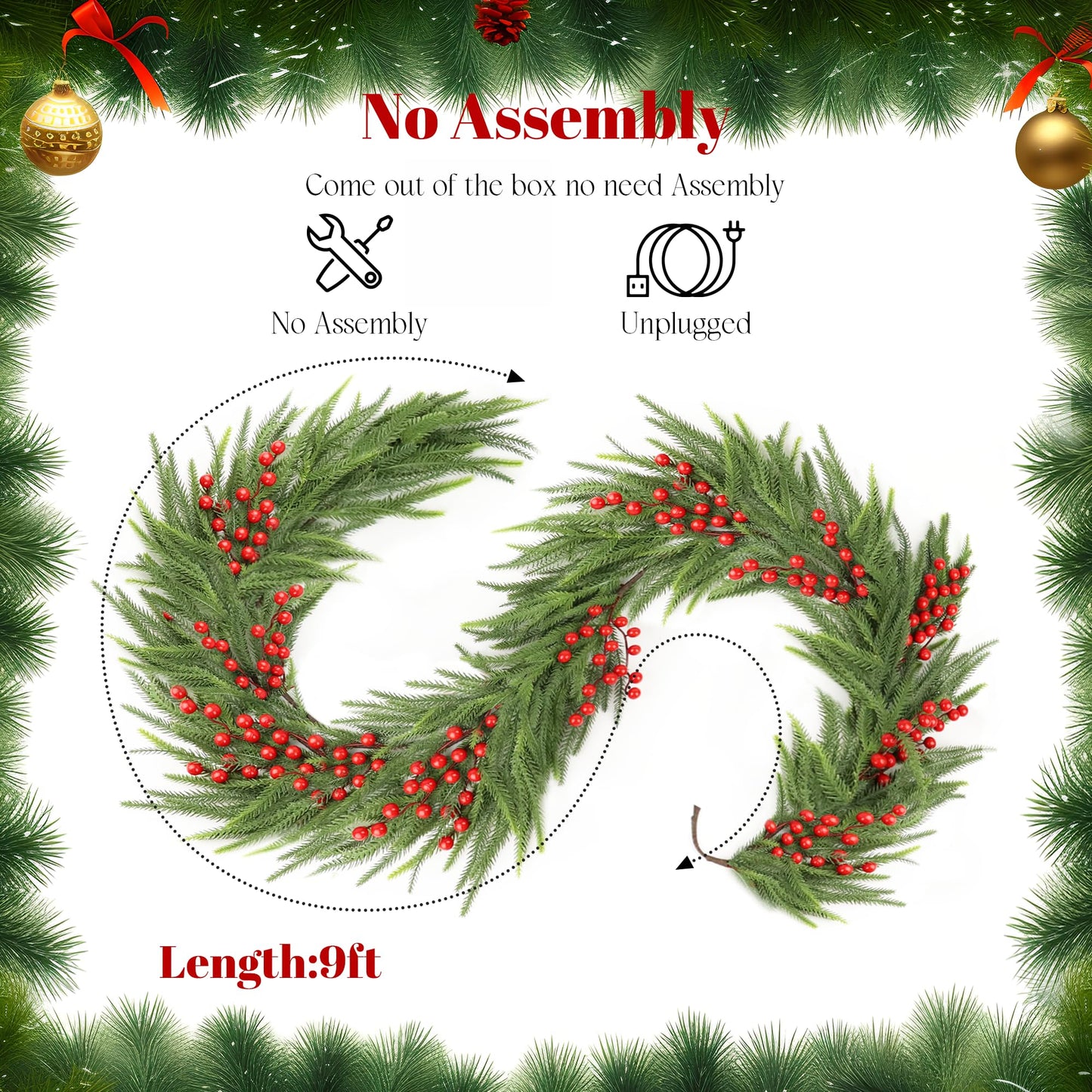 Christmas Norfolk Pine Garland,Real Touch Faux Winter Greenery Garland with Light for Stairs Table Fireplace Backdrop Wall,Christmas Holiday Seasonal Winter Decor (9ft)