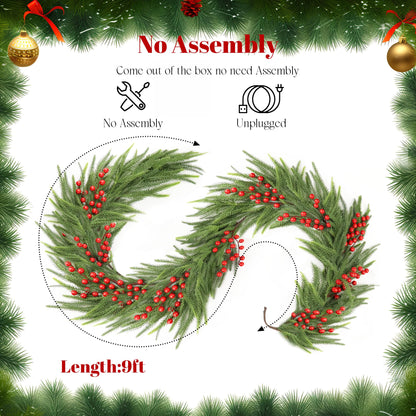 Christmas Norfolk Pine Garland,Real Touch Faux Winter Greenery Garland with Light for Stairs Table Fireplace Backdrop Wall,Christmas Holiday Seasonal Winter Decor (9ft)
