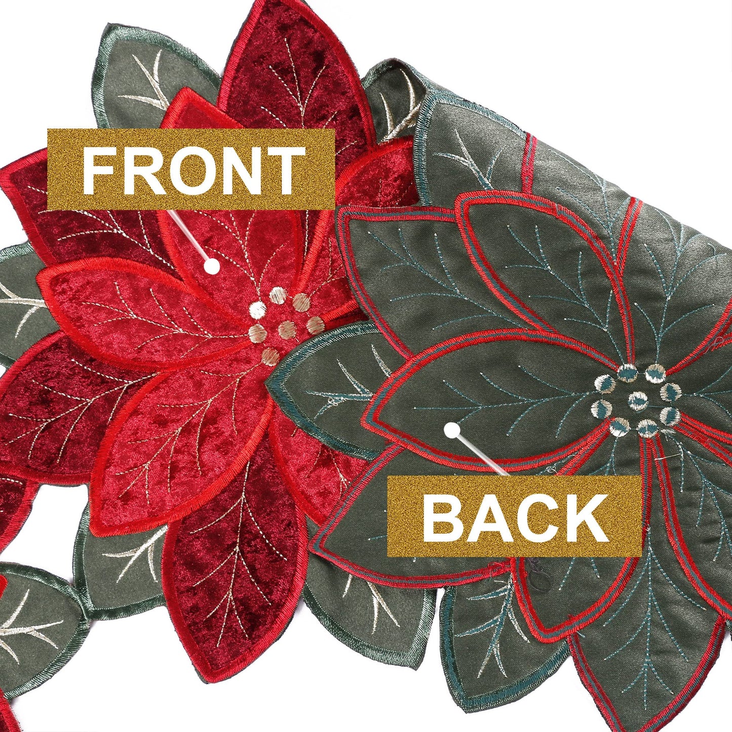 OWENIE Christmas Red Table Runner, Embrodered Velvet Fabric Poinsettia Table Runners for Holiday Table Decor, Small Short Table Runner 36 Inches Long, Red, 13 x 36 Inches