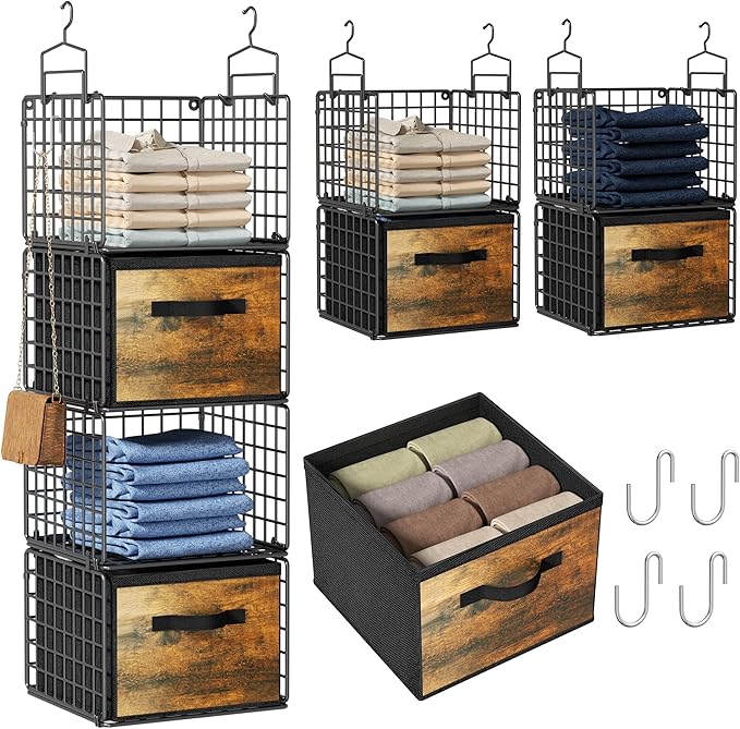 Hanging Closet Organizer with Drawers, 4 Tier Metal Closet Organizers and