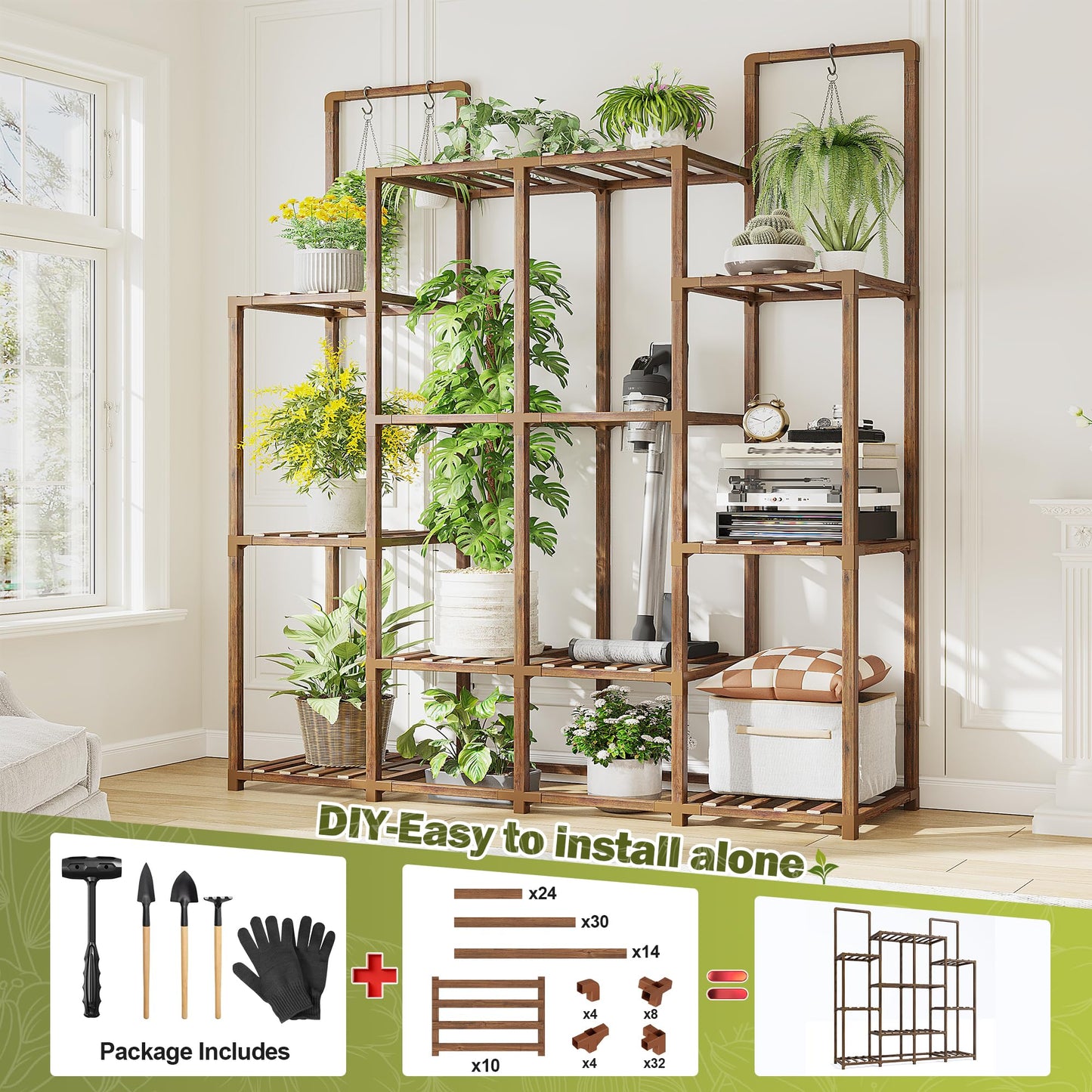 EnHomee Plant Stand Indoor Tall Plant Stand Outdoor Large Wood Plants Shelf with 12-14 Pots for Patio, Living Room, Garden, Balcony, 44.8" Wx47.2 Hx11.78 D