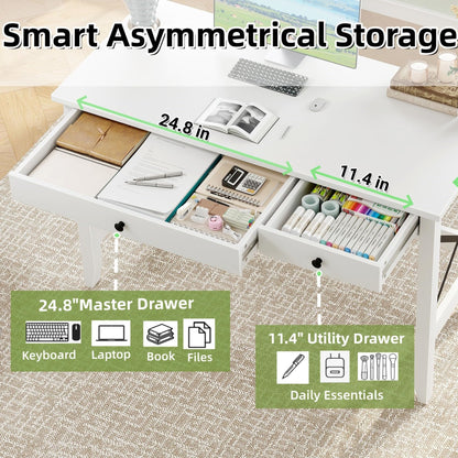 JSB 43.3'' White Computer Desk for Home Office,Farmhouse Executive Desk with 2 File Drawers,Study Writing Table Storage Cabinet,Makeup Vanity Desk for Bedroom (White, 43.3in)